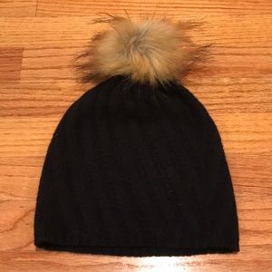 Garnet Hill Black Cashmere Hat with Pompom